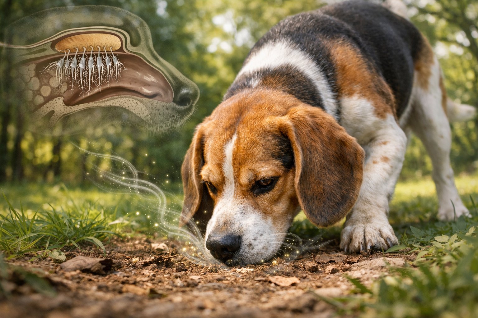 A Beagle dog sniffing the ground outdoors with scent trails visible, surrounded by grass and trees.