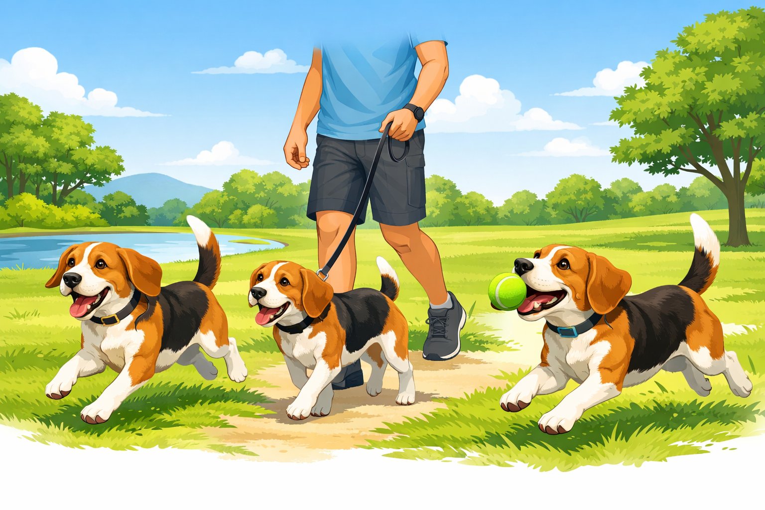 A Beagle dog running, walking on a leash, and playing fetch outdoors in a sunny park.