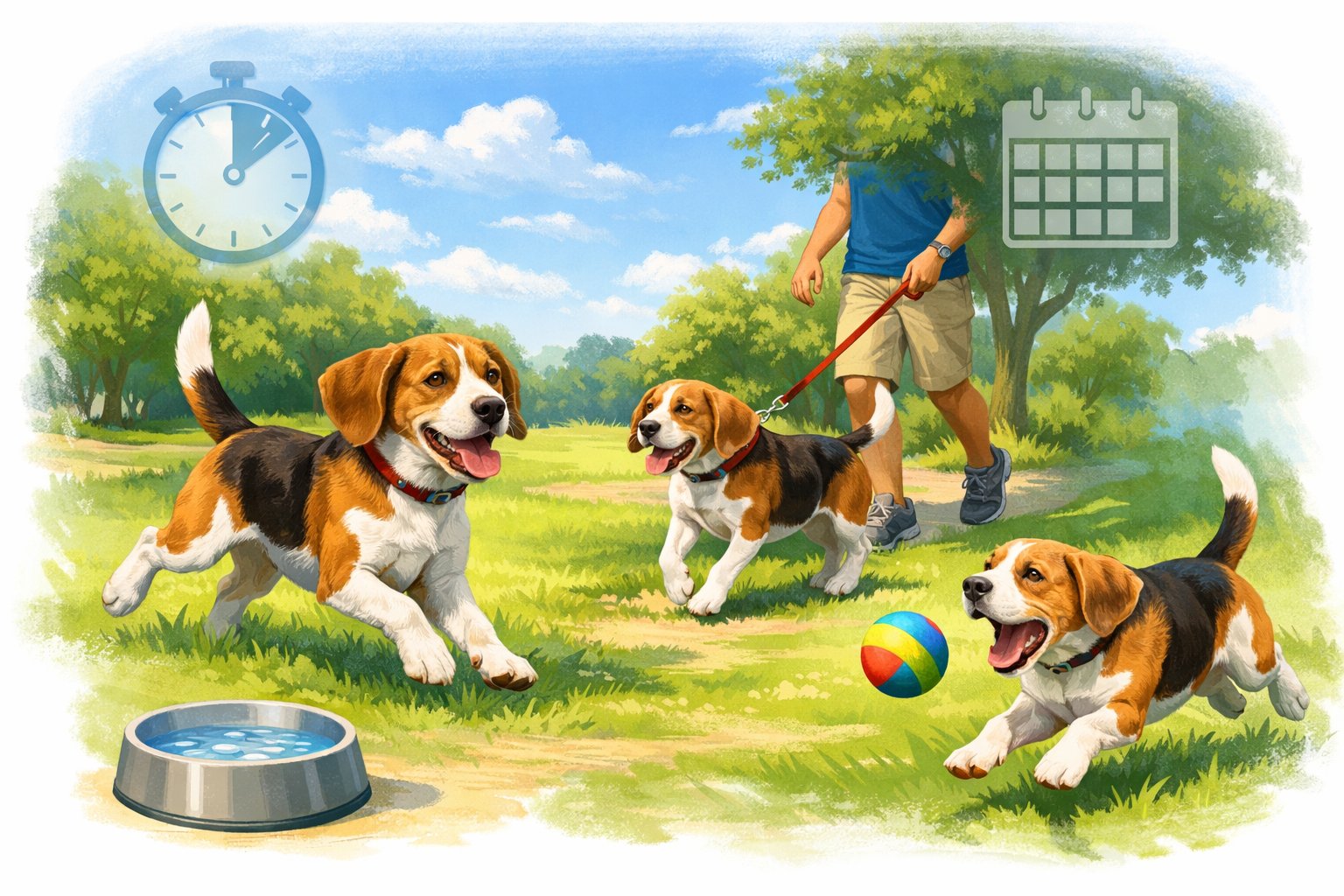 A Beagle running in a park, being walked on a leash, and playing fetch with a ball, surrounded by icons representing exercise and routine.