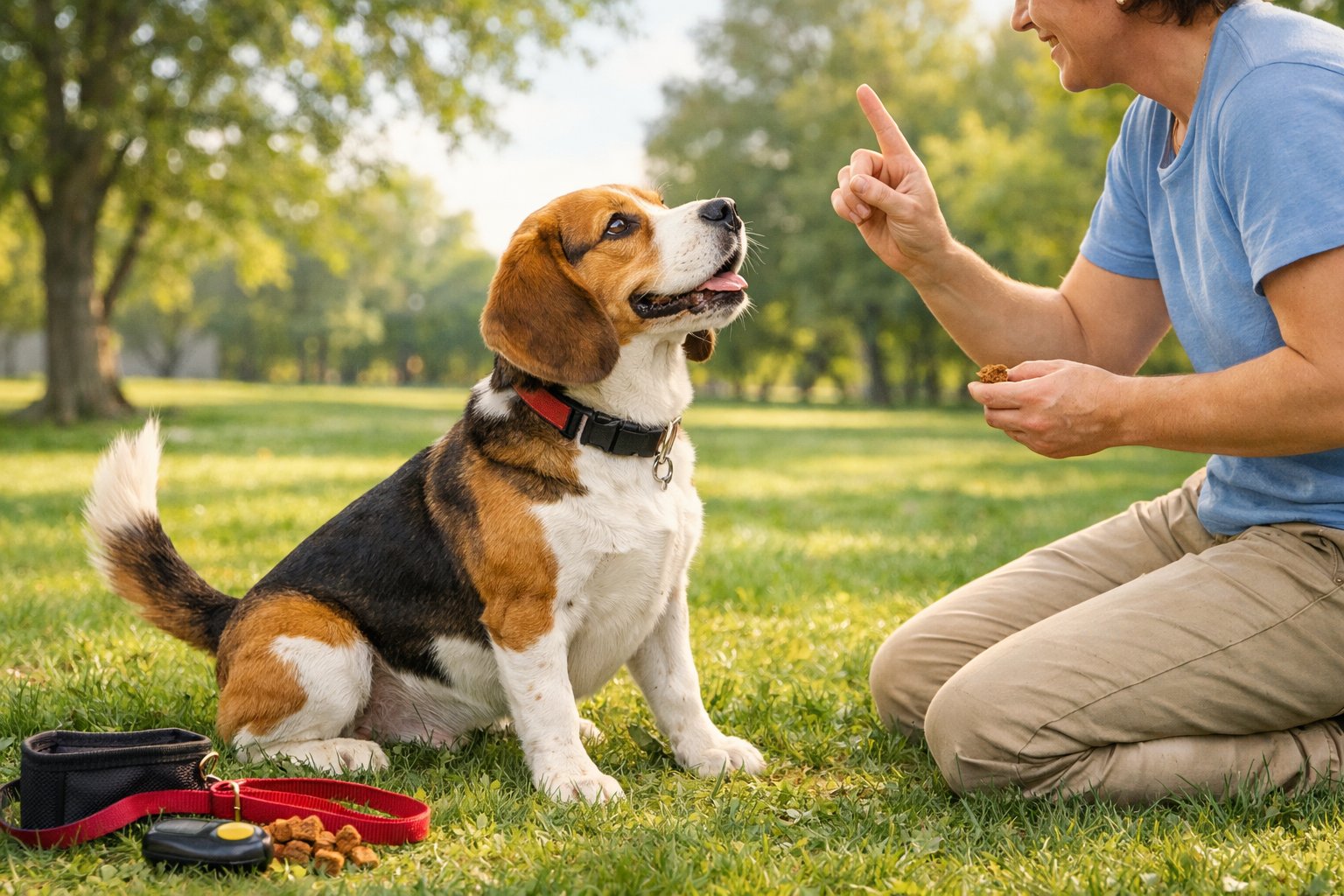 A person training a focused Beagle dog outdoors in a park with greenery and trees.
