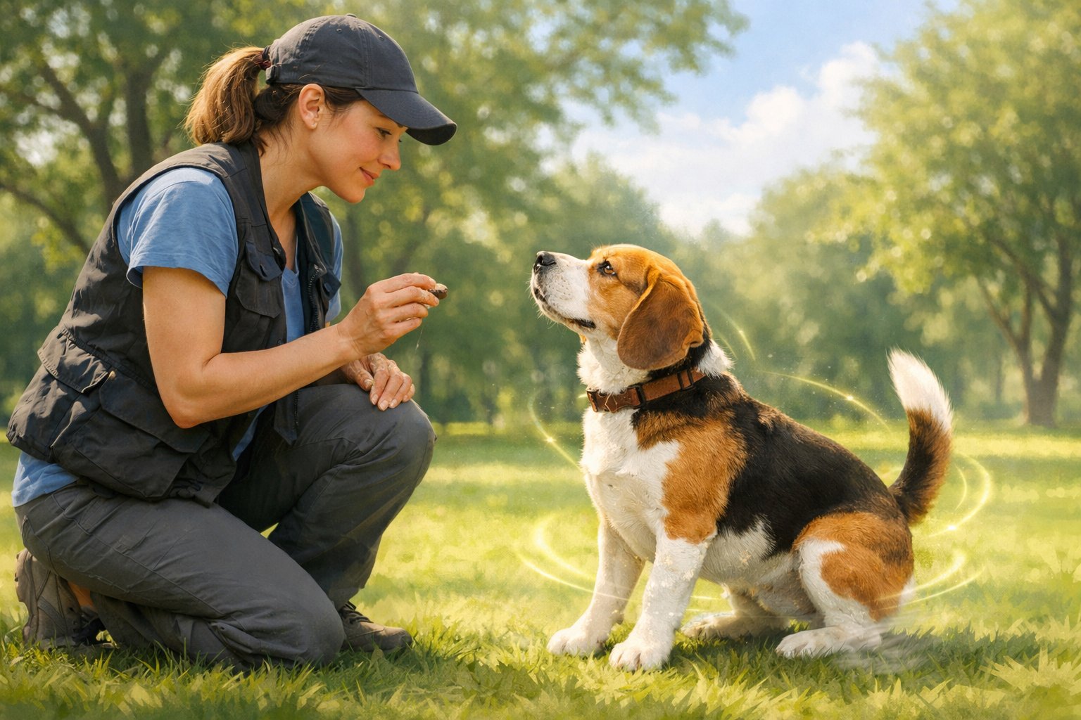 A dog trainer calmly working with a focused Beagle in a peaceful outdoor park.
