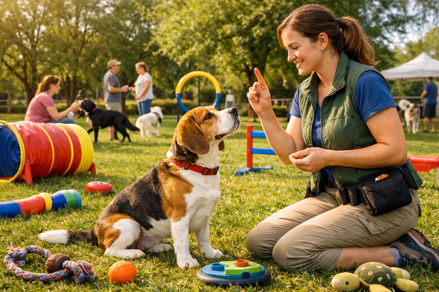 A beagle dog attentively interacting with a trainer in a park surrounded by agility equipment and toys, with other dogs and people socializing in the background.