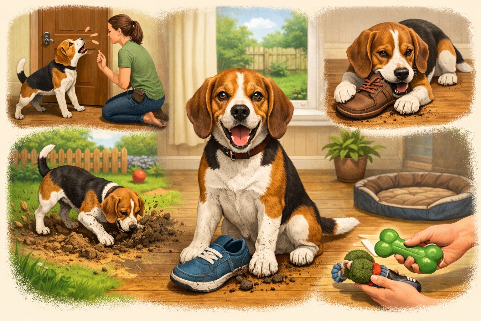 A Beagle dog showing common behavior problems like barking, digging, and chewing, with a caring owner nearby providing guidance in a home and garden setting.