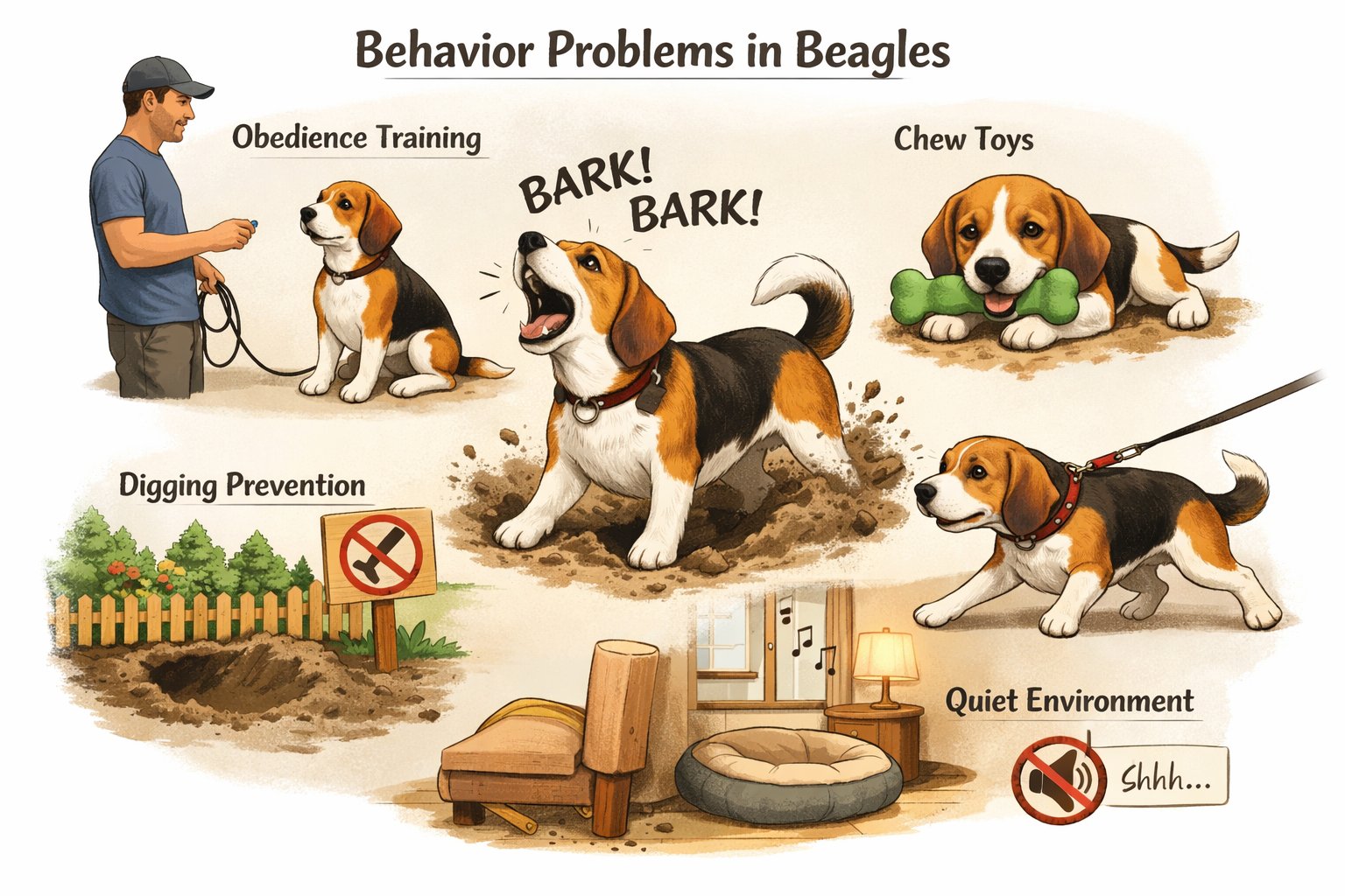 A Beagle dog showing common behavior problems like barking, digging, chewing, and leash pulling, with nearby illustrations of practical fixes such as training, toys, and a fenced yard.