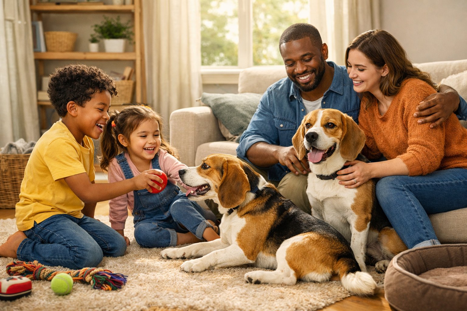 A happy Beagle playing and sitting calmly with smiling family members in a cozy living room.
