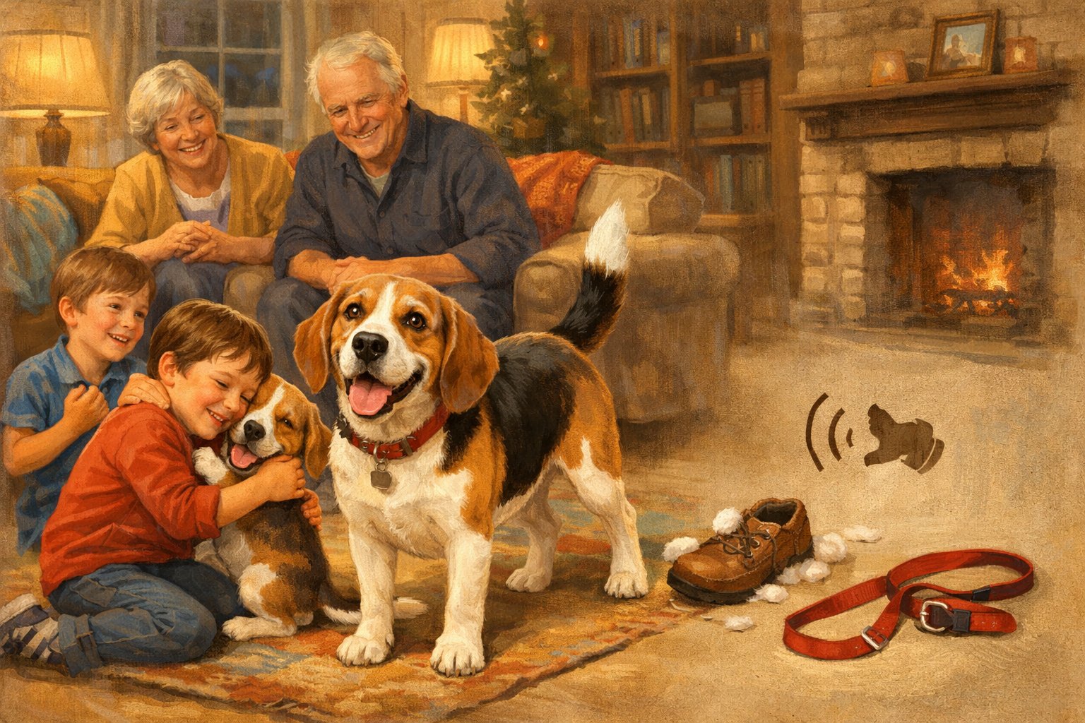 A family with children happily interacting with a Beagle dog in a living room, showing both joyful moments and small challenges of owning the dog.