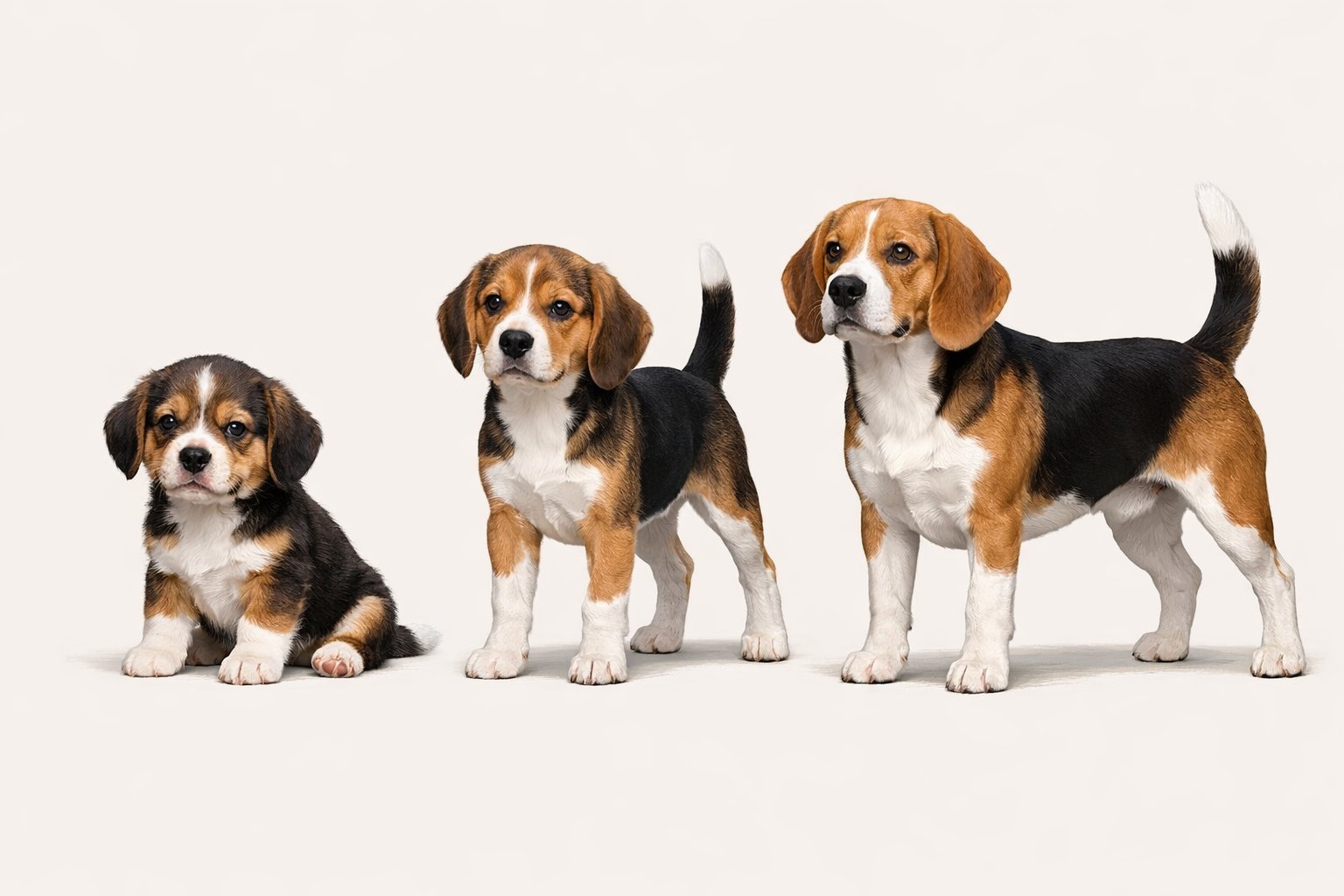 Three Beagle dogs showing the stages from a small puppy to a juvenile and then a fully grown adult, arranged side by side.