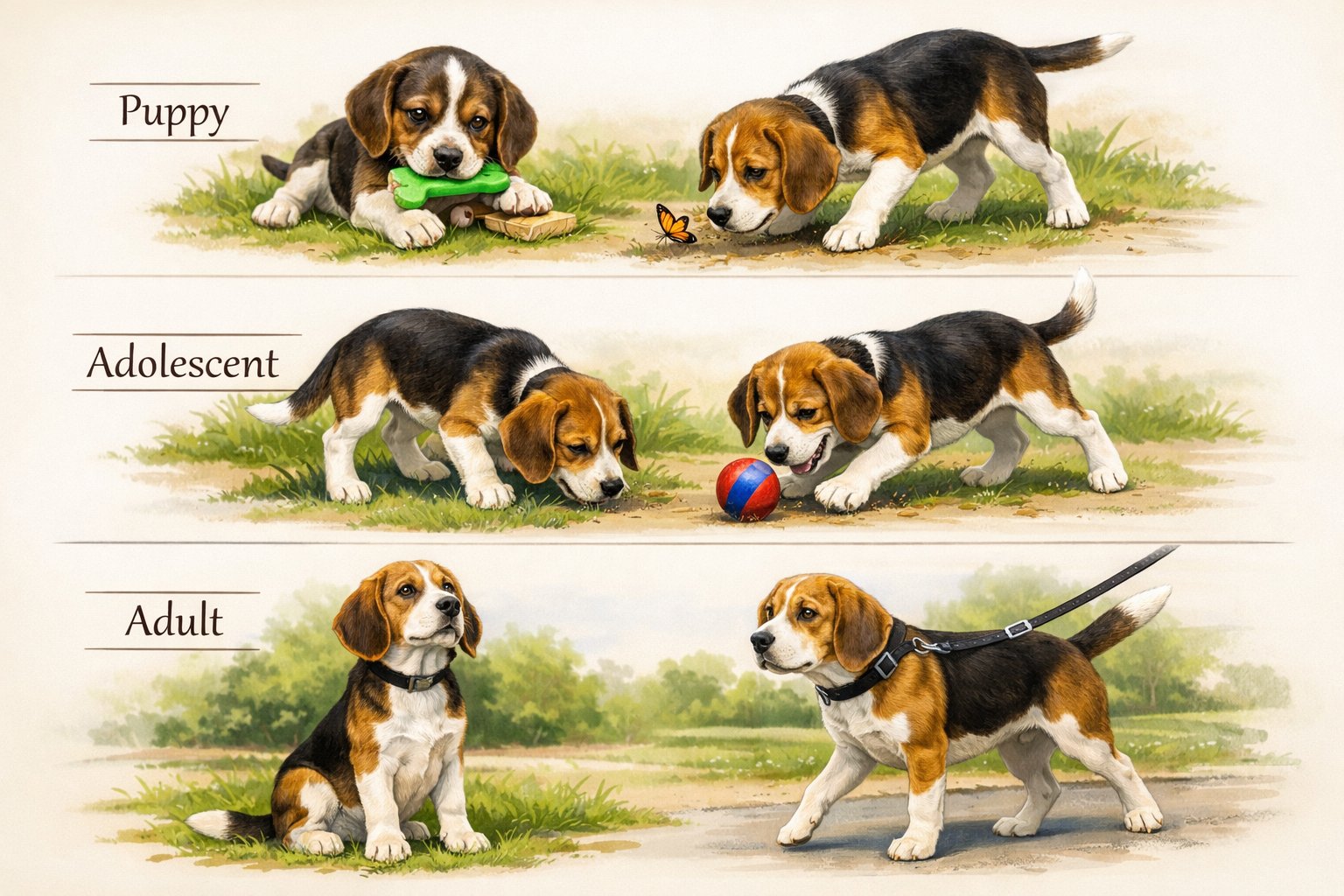 Three Beagles showing different behaviors: a playful puppy with a toy, an energetic adolescent sniffing a ball, and a calm adult sitting attentively outdoors.
