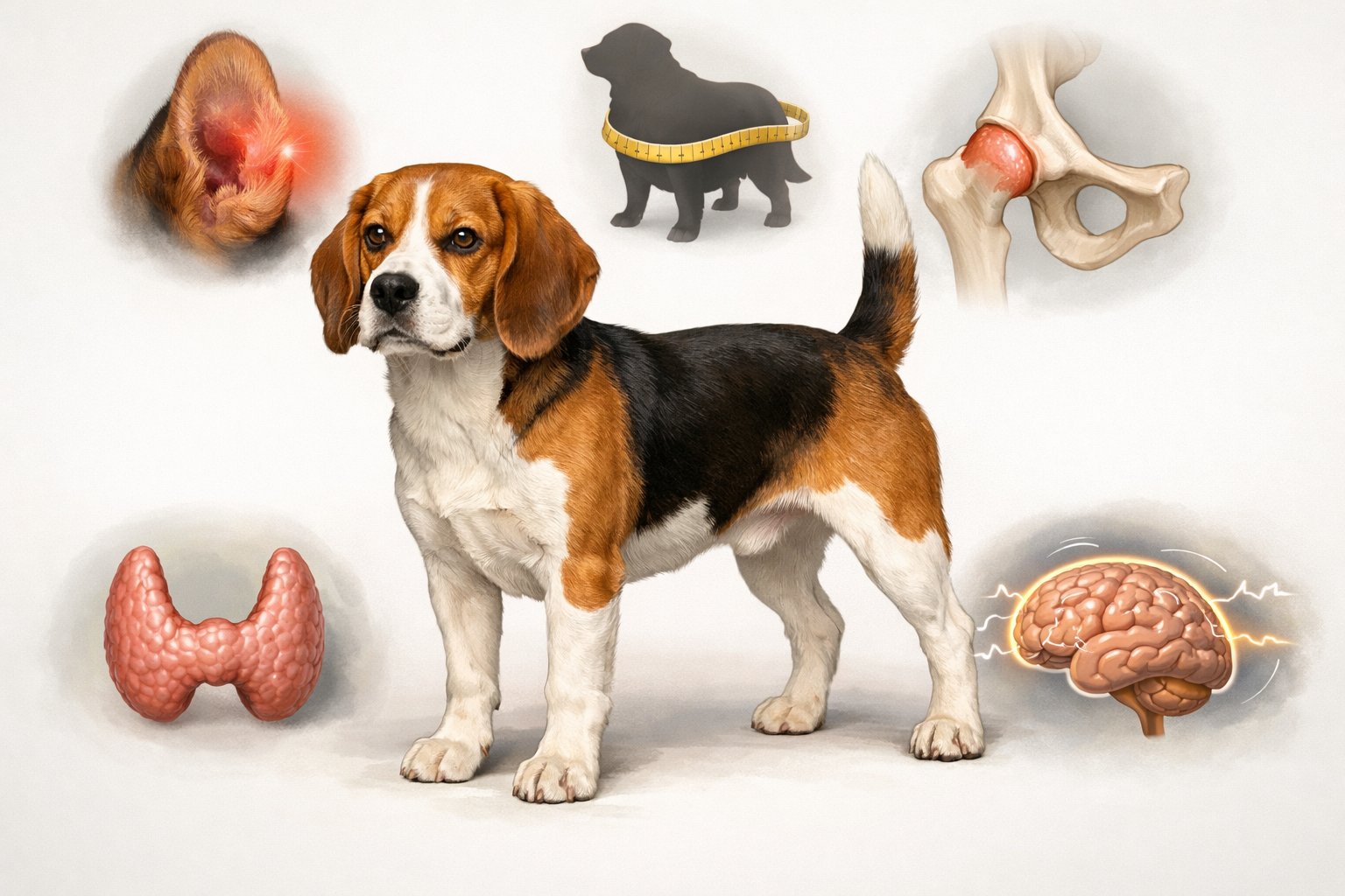 A standing Beagle dog surrounded by small icons representing common health issues like ear infections, obesity, hip problems, thyroid issues, and epilepsy.