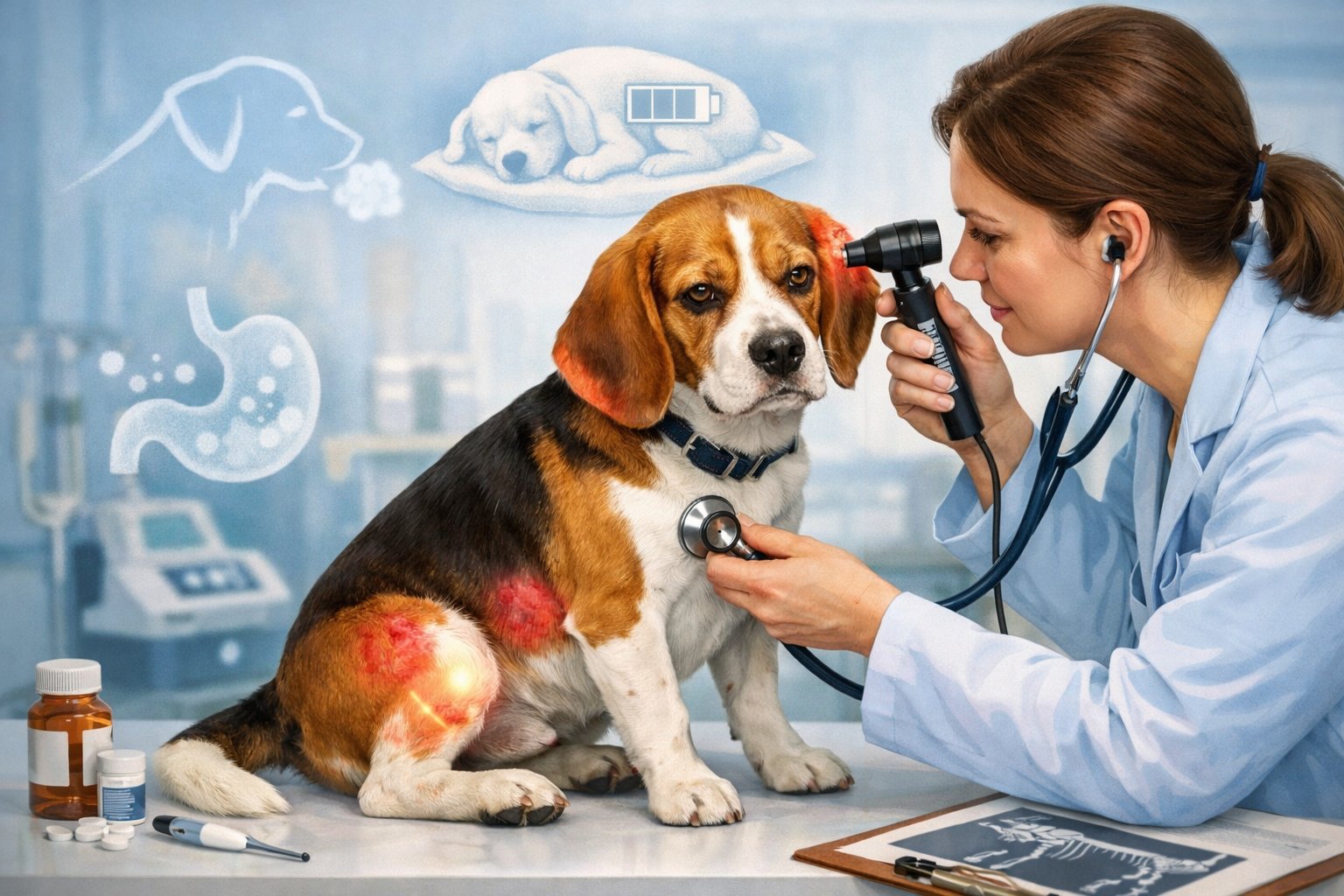 A Beagle dog being examined by a veterinarian in a clinic, showing signs of common health problems such as skin irritation and ear infection.