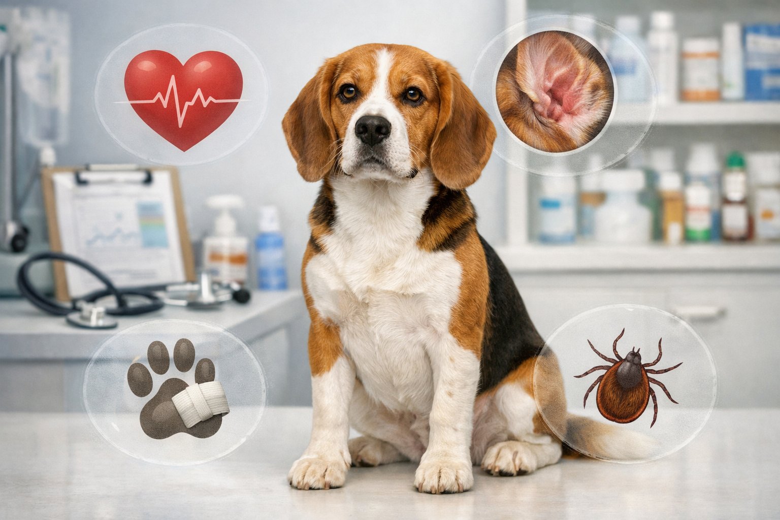 A Beagle dog sitting in a veterinary clinic surrounded by icons representing common health concerns such as heart, ear infection, joint care, and parasites.