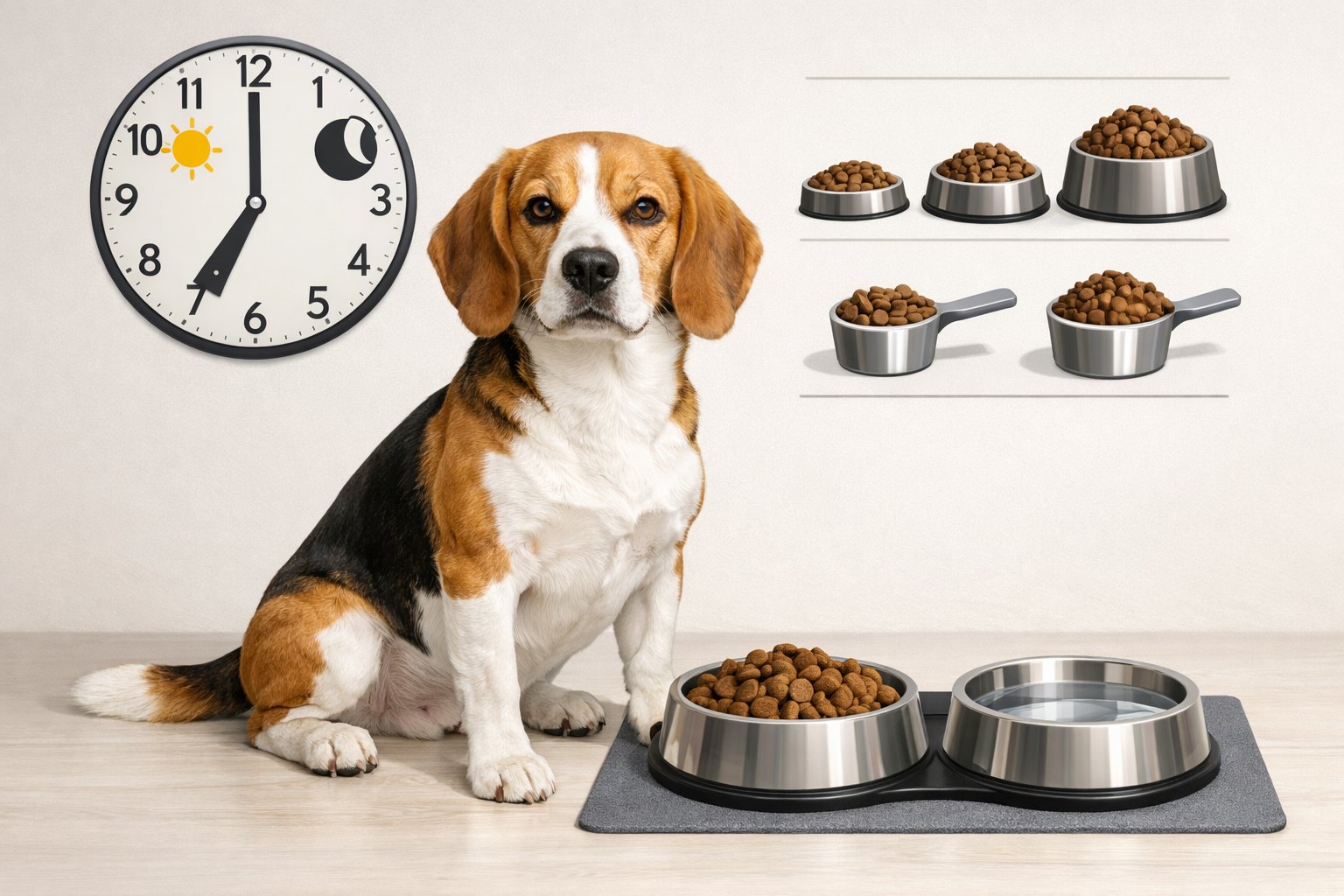 A Beagle dog sitting next to a food bowl and water bowl, with a clock and portion size indicators nearby.