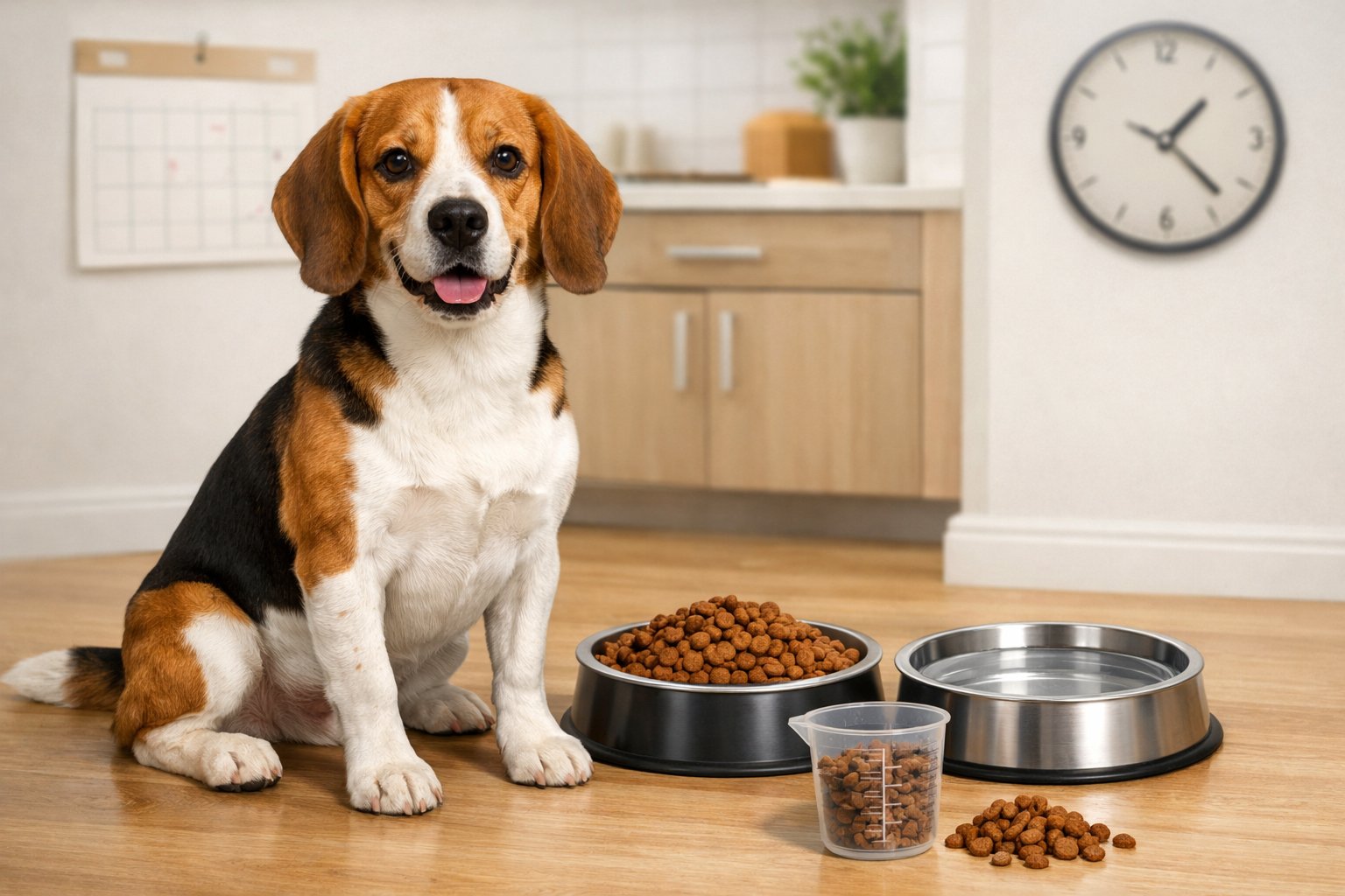 A Beagle dog sitting next to bowls of dog food and water in a kitchen with a measuring cup and a clock in the background.