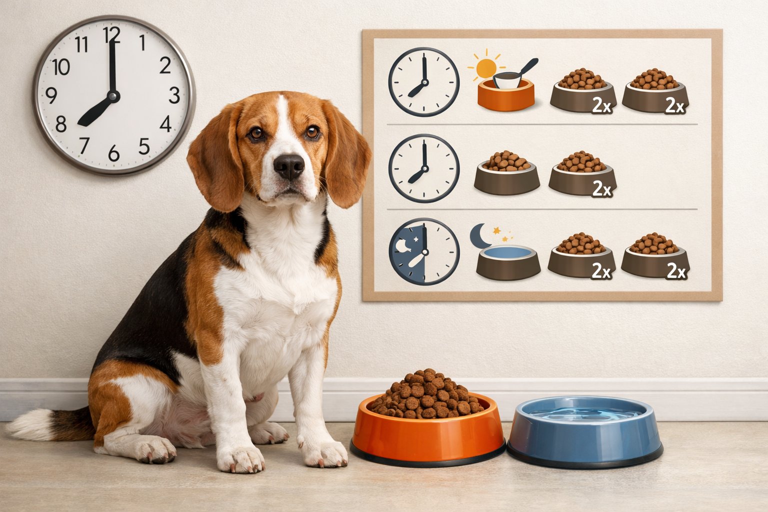 A Beagle sitting next to a feeding area with a bowl of food, a water bowl, and a feeding schedule chart.