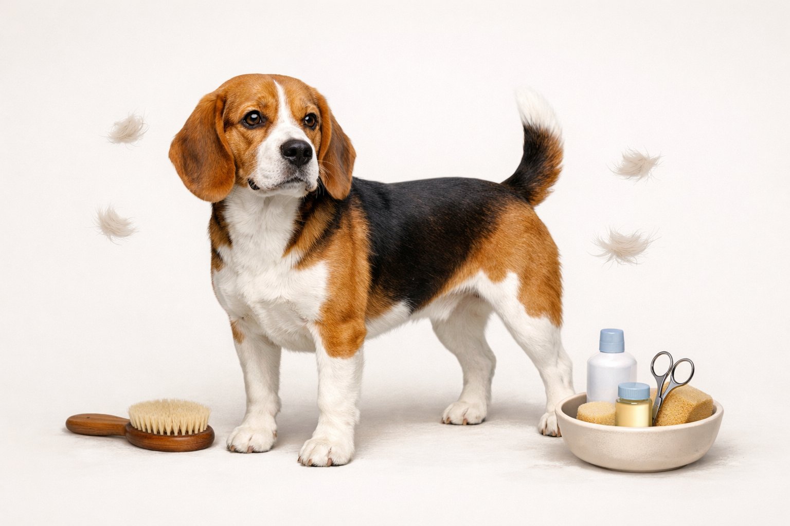An adult Beagle dog standing calmly with a grooming brush and loose hair nearby, illustrating shedding and coat care.