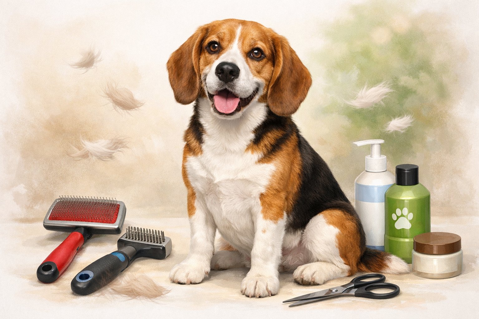 A happy Beagle dog sitting calmly with grooming tools like brushes and shampoo around it, showing a scene of coat care and shedding management.