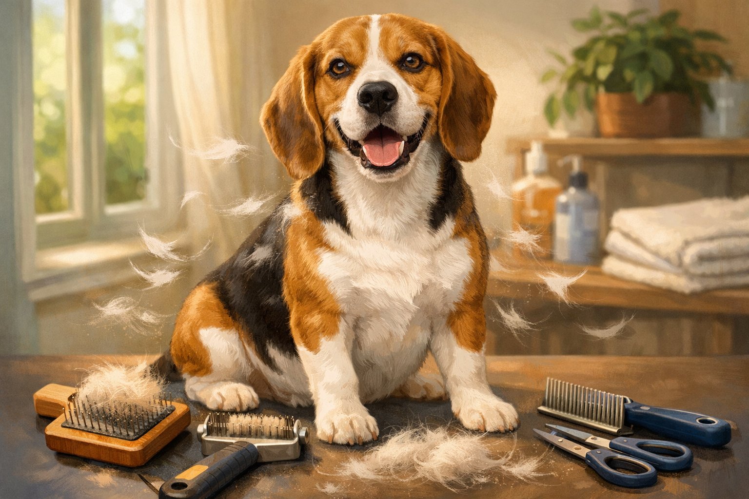 A Beagle dog sitting calmly with grooming tools nearby, showing a clean and well-maintained coat.