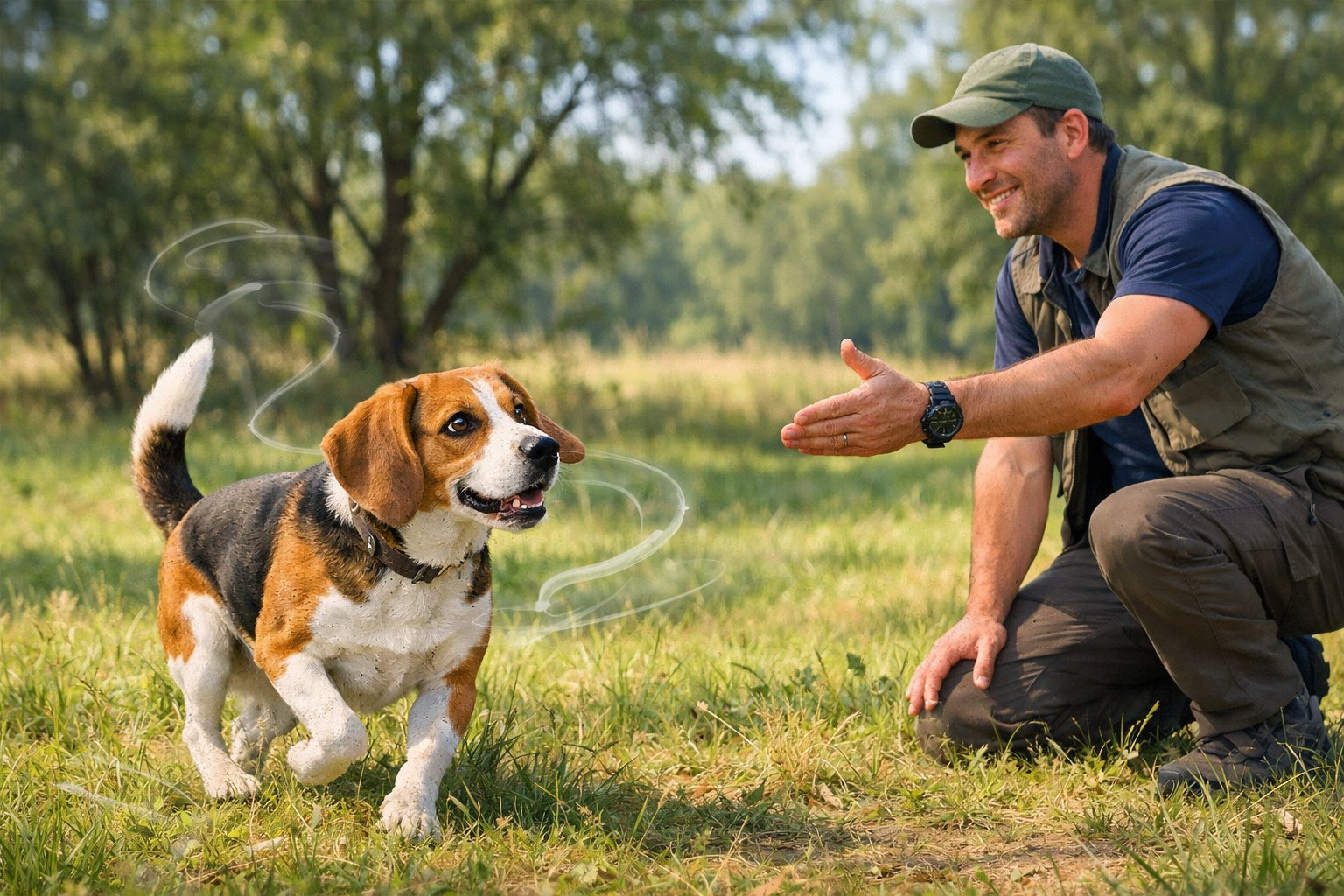 A beagle dog turning to come back to its owner in a grassy outdoor area, with the owner kneeling and reaching out to the dog.