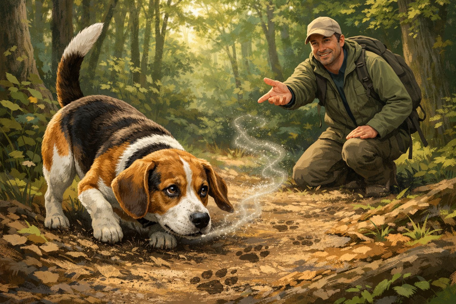 A Beagle dog turning back toward its owner in a forest while following a scent trail.