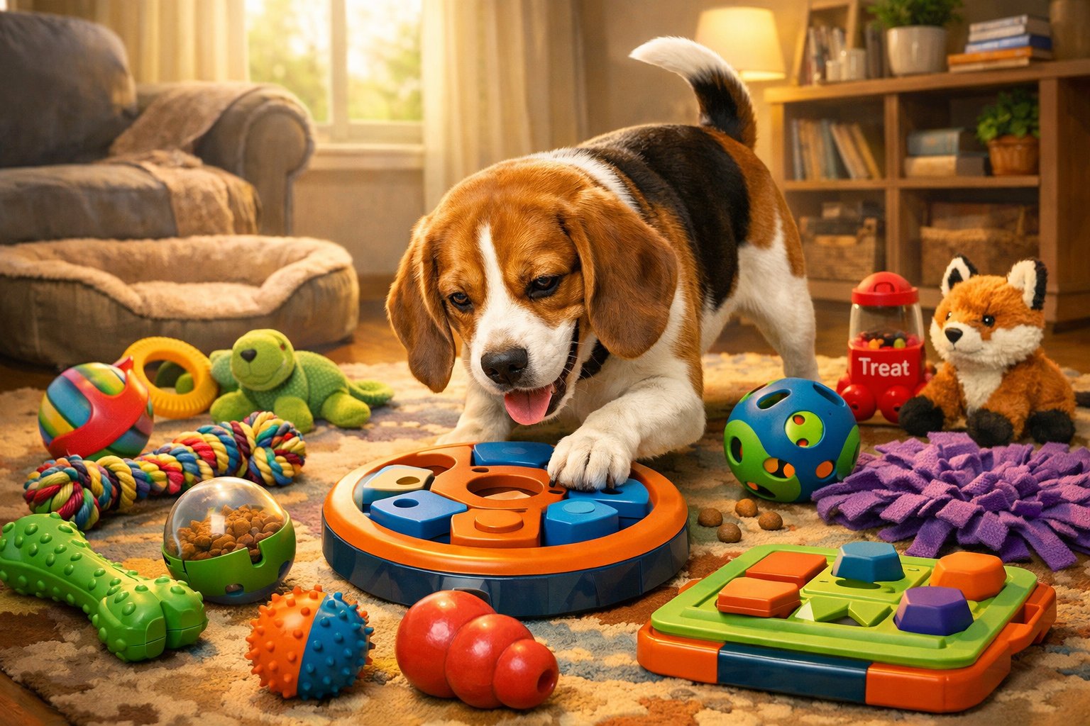 A Beagle dog playing with various toys and games in a cozy indoor play area.