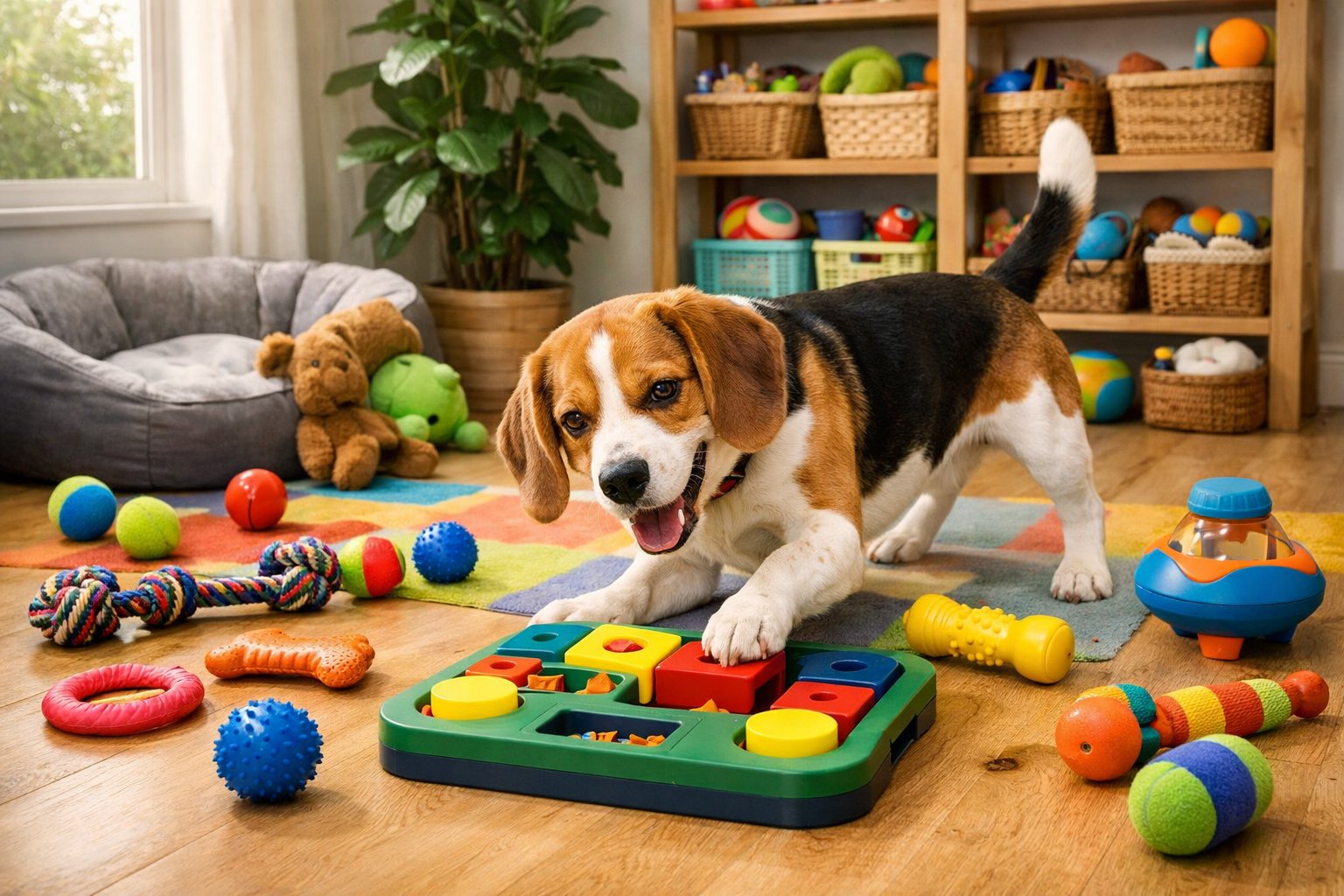 A beagle dog playing with various toys in a bright indoor playroom filled with puzzle toys, balls, and plush toys.