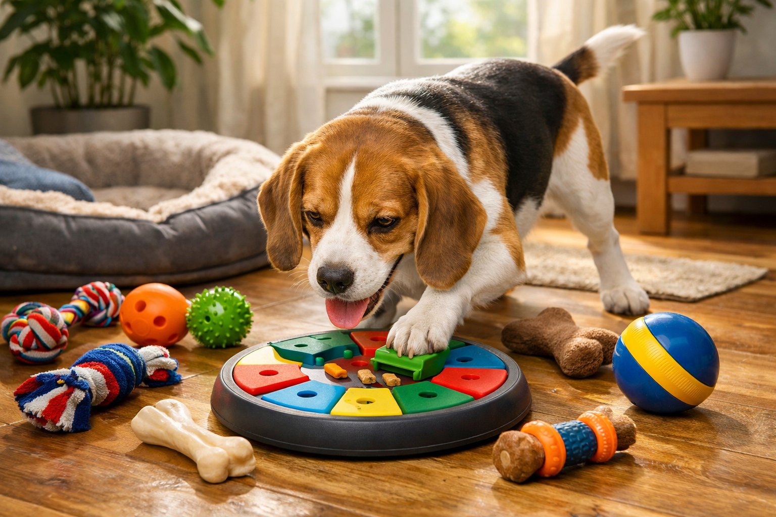 A Beagle dog playing with puzzle toys and surrounded by various dog toys in a cozy living room.
