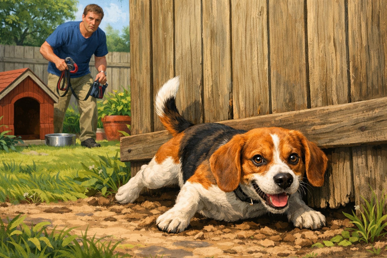 A beagle slipping under a fence to escape a backyard while the owner watches with concern holding a leash.