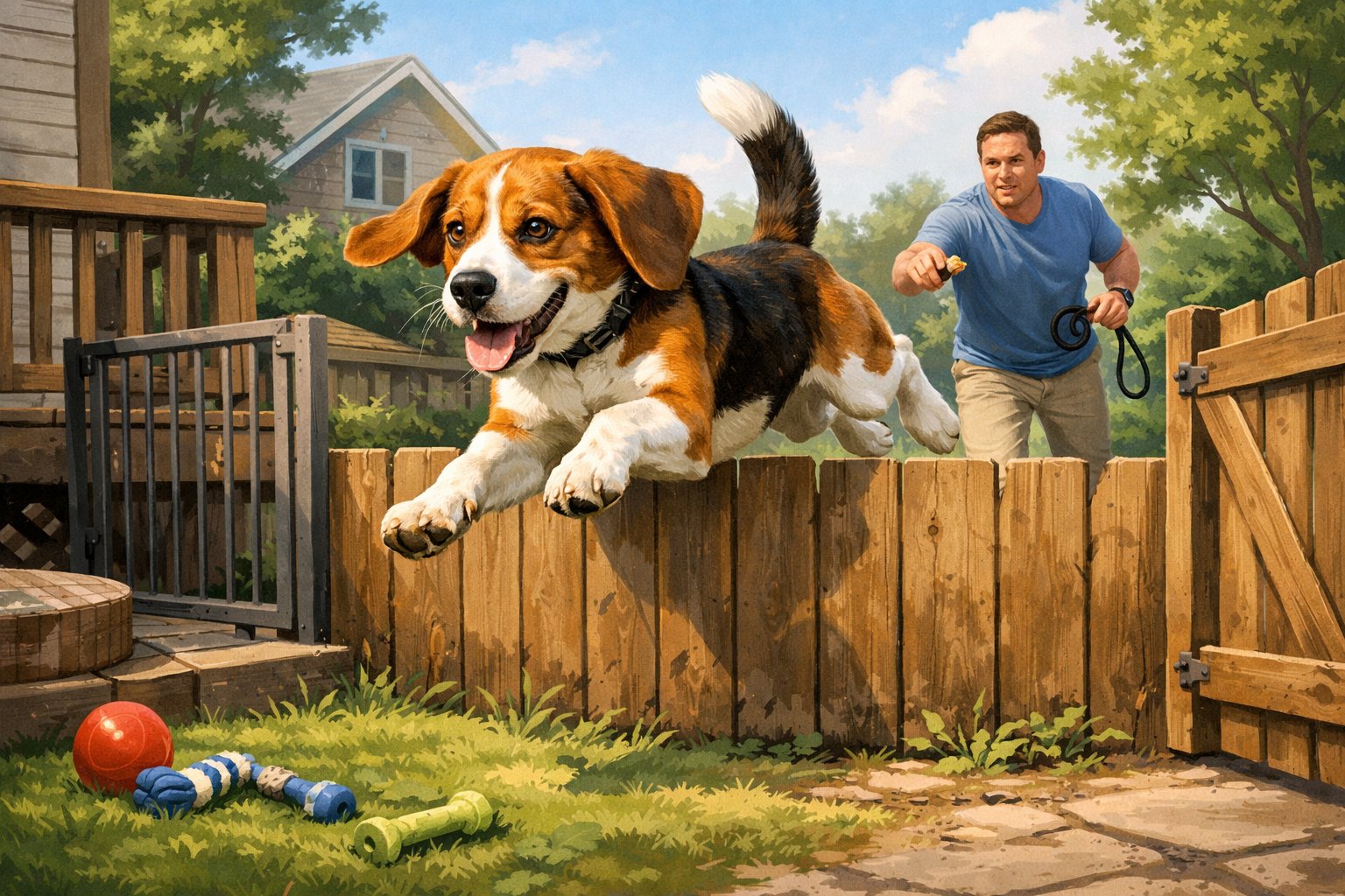 A beagle jumping over a backyard fence while its owner runs after it holding a leash and treat.