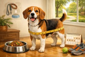A healthy Beagle dog with a measuring tape around its waist, a bowl of dog food, and a calendar showing exercise days in a home with a park visible outside.