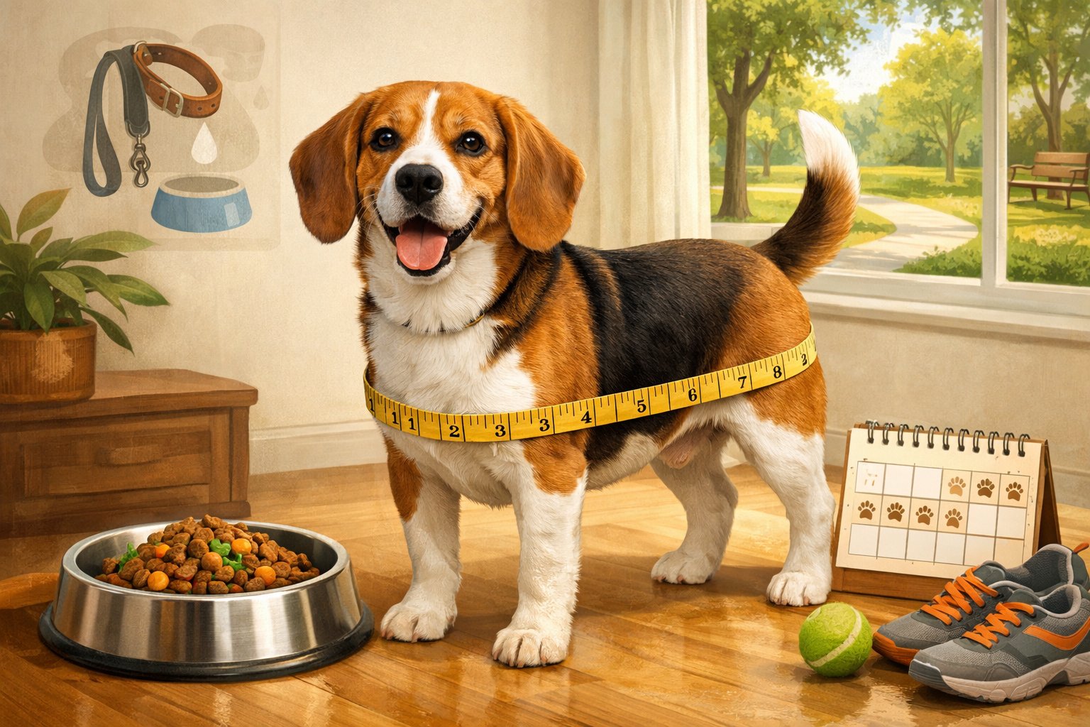 A healthy Beagle dog with a measuring tape around its waist, a bowl of dog food, and a calendar showing exercise days in a home with a park visible outside.