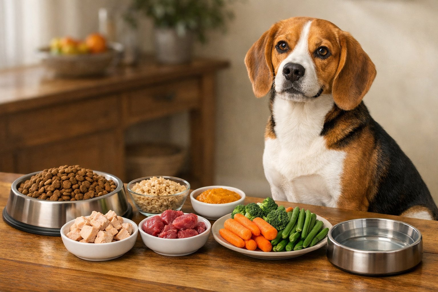 A healthy Beagle sitting next to a table with measured portions of dog food and fresh vegetables in a home kitchen setting.