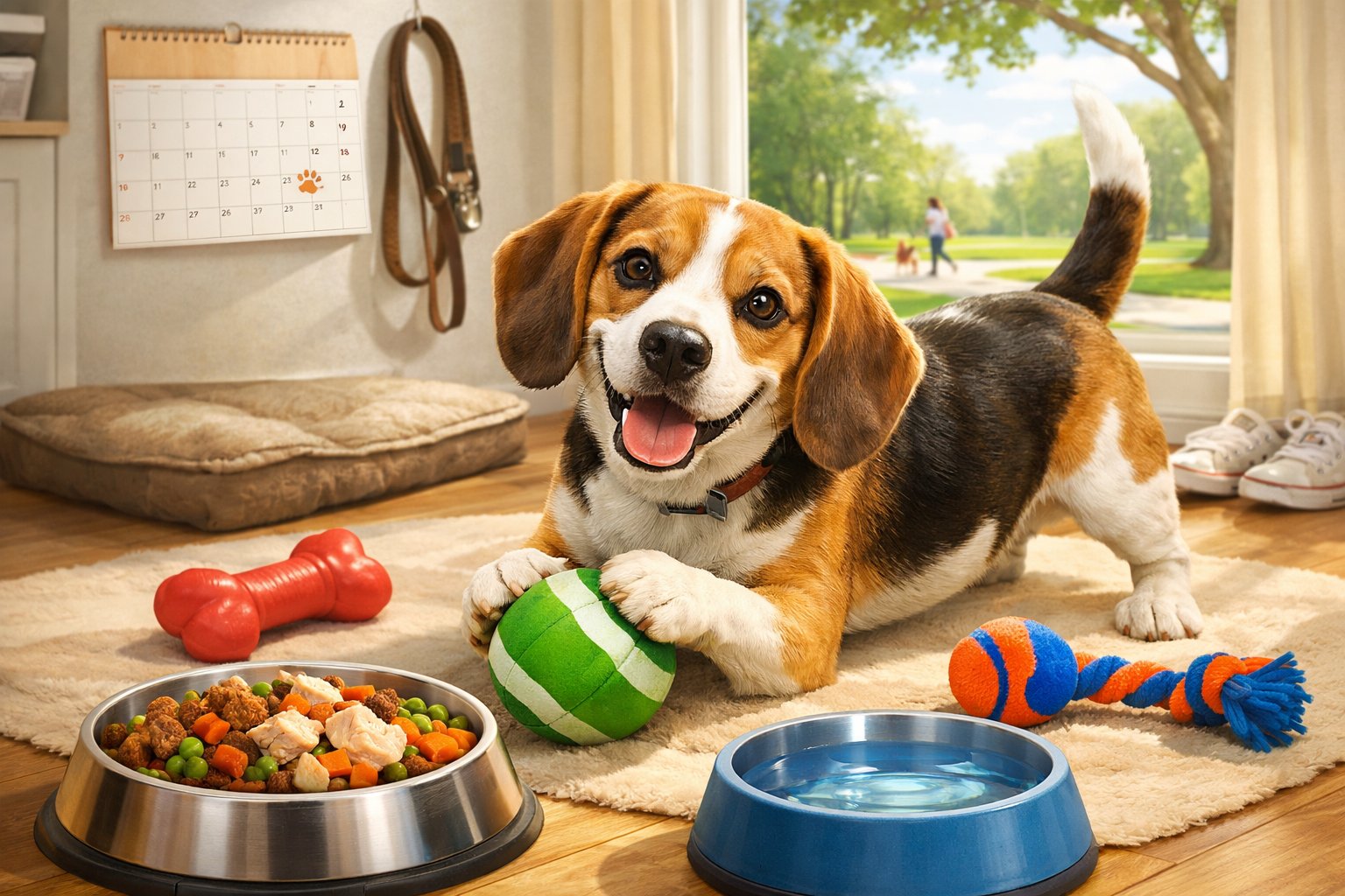 A healthy Beagle dog playing with toys near a bowl of nutritious food in a home with a window showing a park outside.