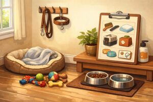 A tidy home entryway set up with a dog bed, toys, leash, collar, food and water bowls, and a checklist on a table, ready for a new Beagle puppy.