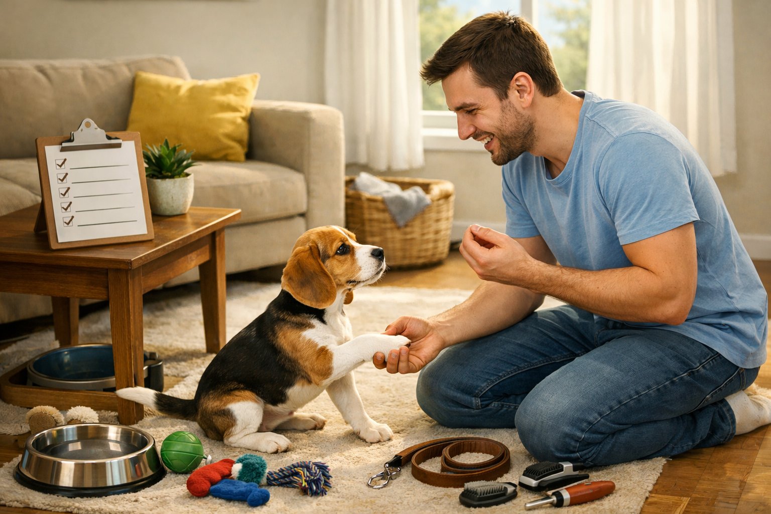 A person training a Beagle puppy indoors, surrounded by pet care items and a checklist on a table.