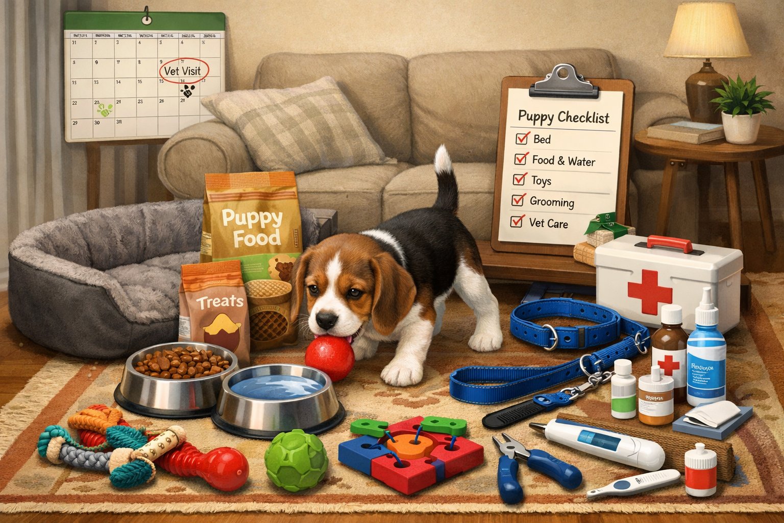 A Beagle puppy in a living room surrounded by dog care items including a bed, food bowls, toys, leash, grooming tools, and a checklist on a table.