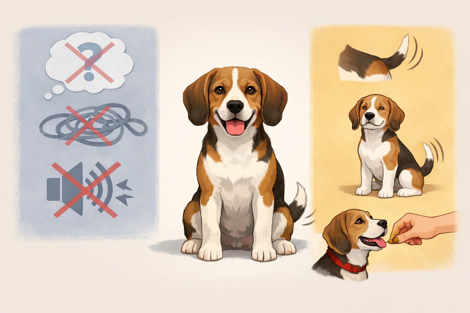 A Beagle dog is shown between two panels, one representing myths with crossed-out symbols and the other showing facts with positive icons about Beagle behavior.