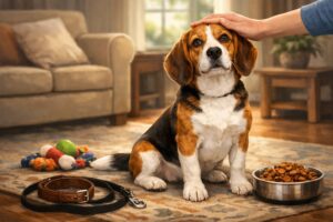 A Beagle dog sitting attentively in a cozy living room with toys, a leash, and a gentle hand reaching out to pet it.