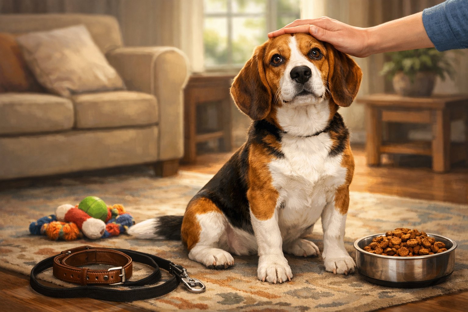 A Beagle dog sitting attentively in a cozy living room with toys, a leash, and a gentle hand reaching out to pet it.