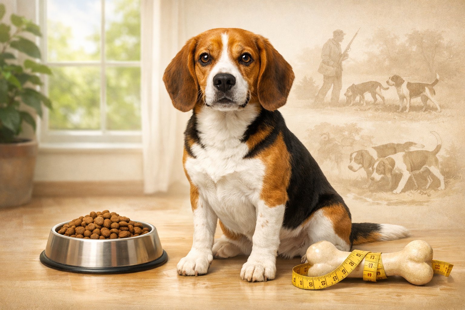 A healthy adult Beagle sitting indoors with symbols representing its size, health, and heritage in a warm and inviting environment.
